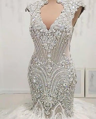 Wedding Dress Lace, Mermaid V-neck Floor Length Backless Tulle Beading Applique Wedding Dress