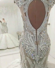 Wedding Dresses Mermaid, Mermaid V-neck Floor Length Backless Tulle Beading Applique Wedding Dress