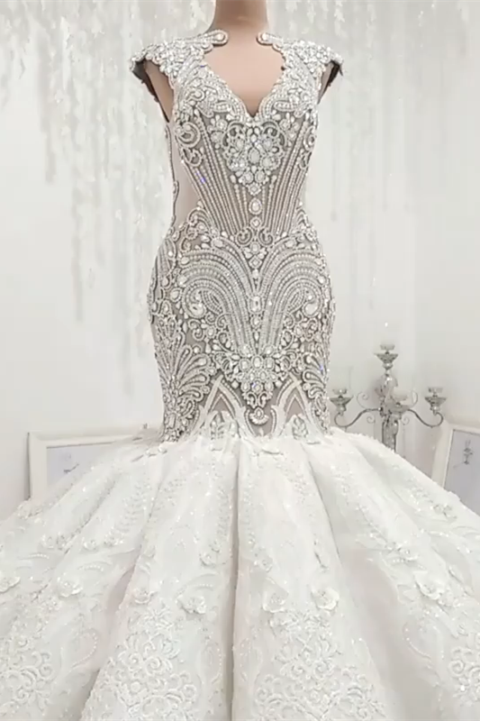 Wedding Dress Simple, Mermaid V-neck Floor Length Backless Tulle Beading Applique Wedding Dress