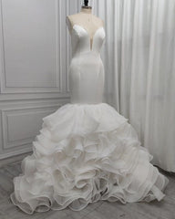 Wedding Dress Styles, Mermaid V-neck Long Train Chiffon Lotus Leaf Hem Wedding Dress