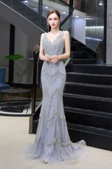Formal Dress Suits For Ladies, Mermaid V Neck Sleeveless Floor Length Prom Dresses With Crystal Beading