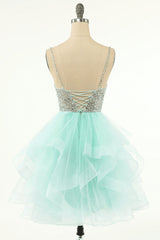 Prom Dress Sale, Mint Green Beaded Layered Tulle Homecoming Dress