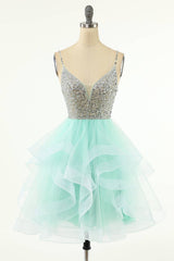 Prom Dresses Under 214, Mint Green Beaded Layered Tulle Homecoming Dress