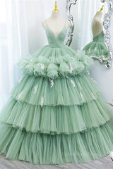 Prom Dress Near Me, Mint Green Deep V Neck Pleated Straps Ruffle-Layers Maxi Formal Dress
