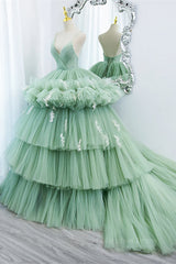 Prom Dress Boutiques Near Me, Mint Green Deep V Neck Pleated Straps Ruffle-Layers Maxi Formal Dress