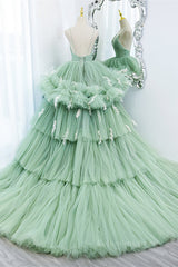 Prom Dress 2023, Mint Green Deep V Neck Pleated Straps Ruffle-Layers Maxi Formal Dress