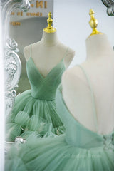 Prom Dress Idea, Mint Green Deep V Neck Pleated Straps Ruffle-Layers Maxi Formal Dress