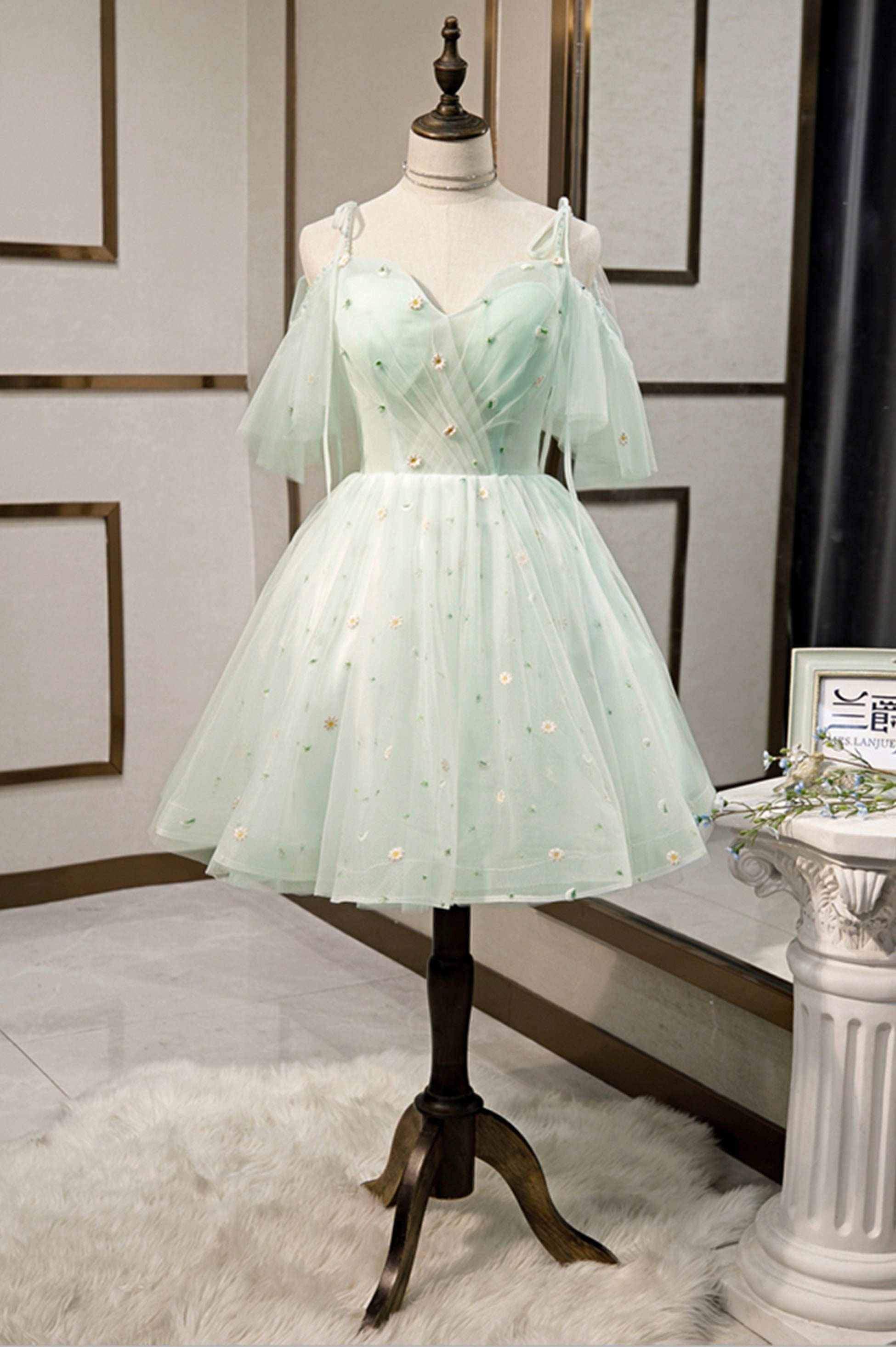 Pleated Dress, Mint Green Tulle Lace Short Homecoming Dress, A-Line Mini Party Dress
