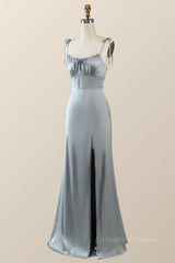 Party Dresses, Misty Blue Straps Ruffle A-line Bridesmaid Dress