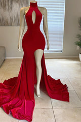 Bridesmaid Dress Blush, Modern High Neck Red Leg Split Mermaid Prom Dress Long