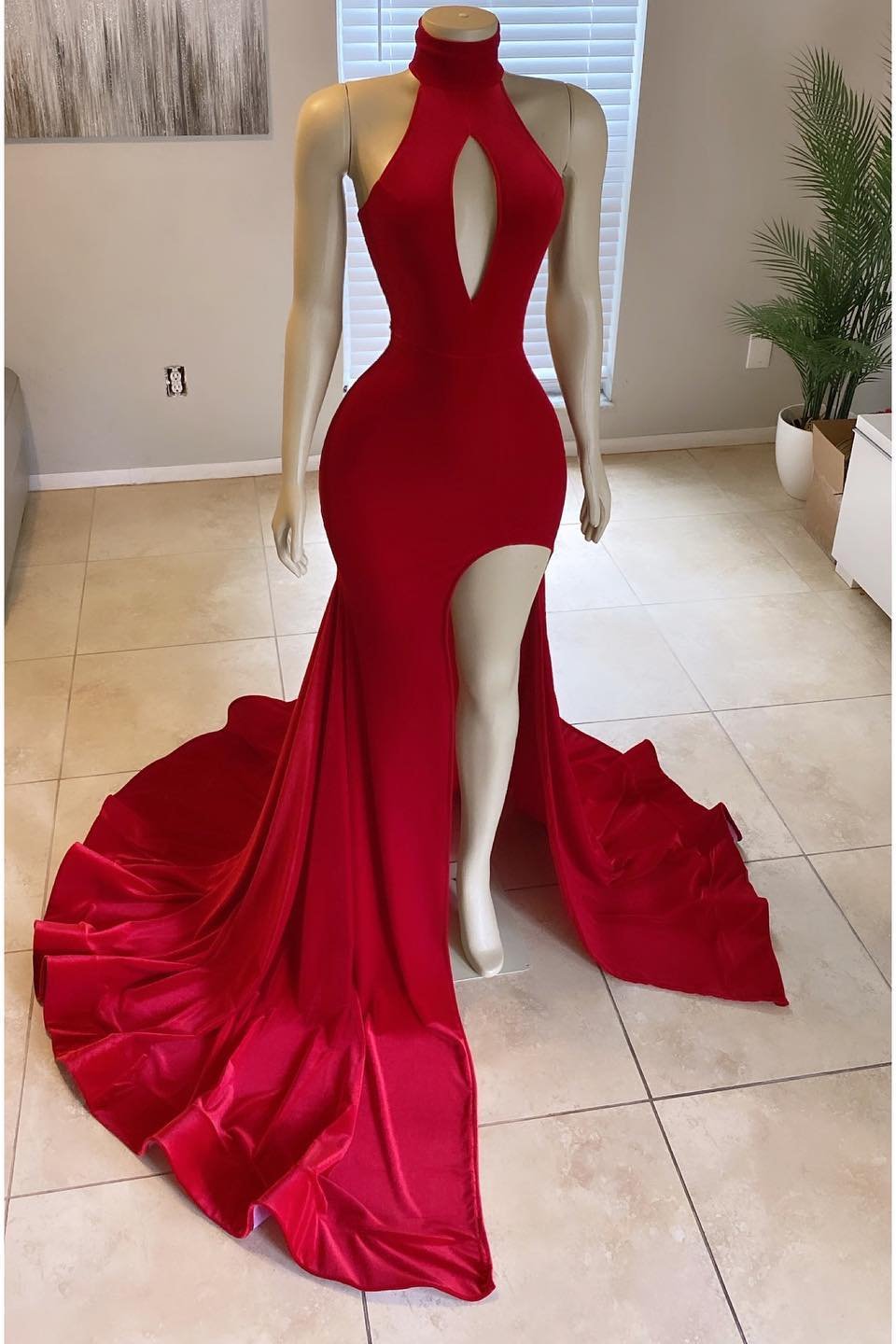 Bridesmaids Dresses Blush, Modern High Neck Red Leg Split Mermaid Prom Dress Long