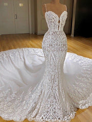 Wedding Dresses Beach, Modern Lace Mermaid Wedding Dresses Spaghetti Straps Appliques Bridal Gowns