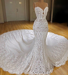 Wedding Dress A Line, Modern Lace Mermaid Wedding Dresses Spaghetti Straps Appliques Bridal Gowns