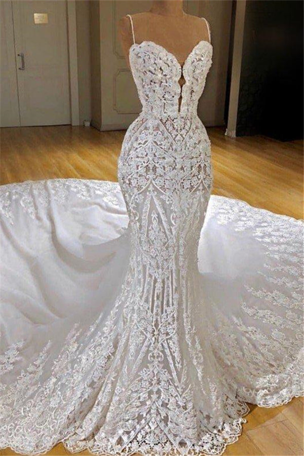 Wedding Dress Shopping, Modern Lace Mermaid Wedding Dresses Spaghetti Straps Appliques Bridal Gowns