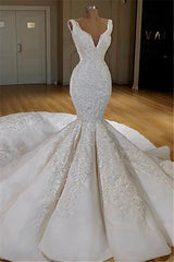 Wedding Dress On A Budget, Modern Mermaid Lace Wedding Dresses Online Straps Luxurious Bridal Gowns with Long Train