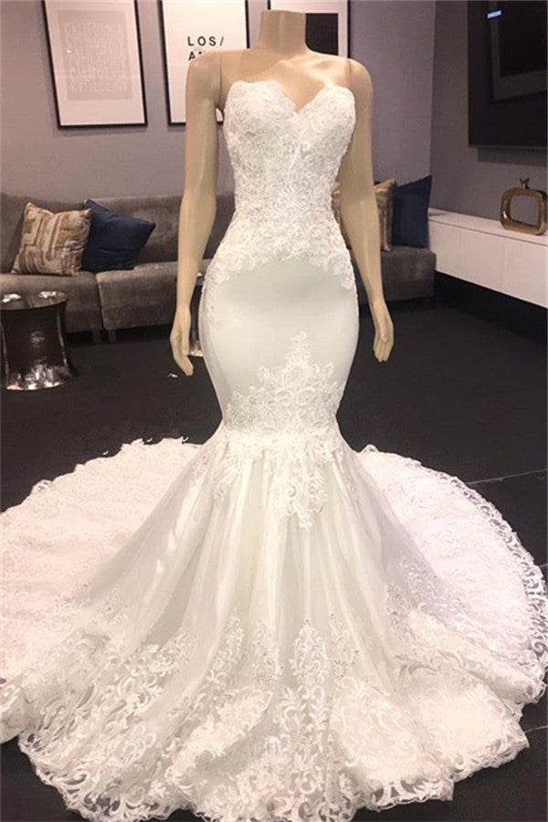 Wedding Dress Gowns, Modern Strapless Lace Appliques Mermaid Wedding Bridal Gowns New Arrival