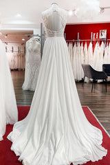Wedding Dress Princesses, Modest Long A-line Chiffon Jewel Appliques Open Back Wedding Dress
