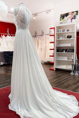 Wedding Dress Lace Sleeves, Modest Long A-line Chiffon Jewel Appliques Open Back Wedding Dress