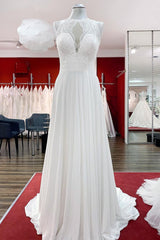 Wedding Dressed Princess, Modest Long A-line Chiffon Jewel Appliques Open Back Wedding Dress