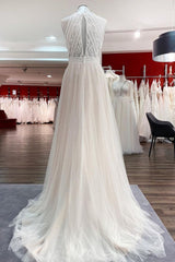 Wedding Dress Classic Elegance, Modest Long A-line Halter Tulle Lace Backless Wedding Dresses
