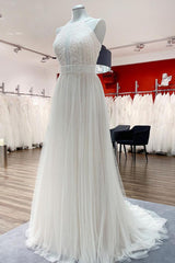 Wedding Dresses A Line Lace, Modest Long A-line Halter Tulle Lace Backless Wedding Dresses