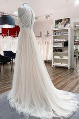 Wedding Dress A Line Lace, Modest Long A-line Halter Tulle Lace Backless Wedding Dresses