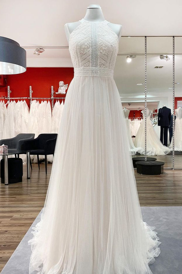 Wedding Dresses Classic Elegant, Modest Long A-line Halter Tulle Lace Backless Wedding Dresses