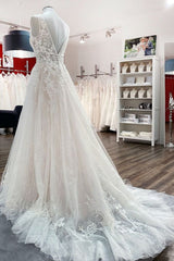 Wedding Dress For Outside Wedding, Modest Long A-line V-neck Open Back Tulle Wedding Dress with Appliques Lace
