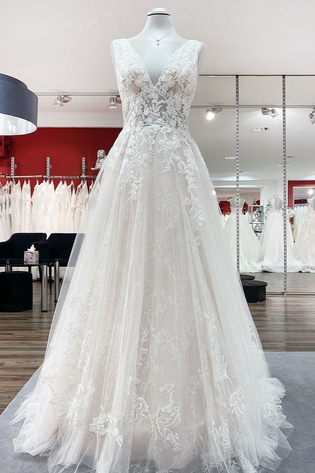 Wedding Dress Styles 2027, Modest Long A-line V-neck Open Back Tulle Wedding Dress with Appliques Lace