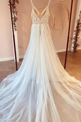 Wedding Dress With Sleeve, Modest Long A-line V-neck Spaghetti Straps Tulle Wedding Dress with Appliques Lace
