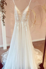 Wedding Dress Website, Modest Long A-line V-neck Spaghetti Straps Tulle Wedding Dress with Appliques Lace