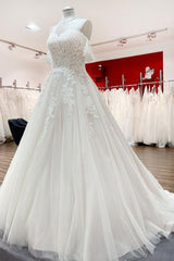Wedding Dress For The Beach, Modest Long Princess Off The Shoulder Tulle Lace Wedding Dress