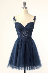 Country Wedding Dress, Navy Blue A-line Lace Appliques Short Homecoming Dress