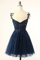 Party Dress Outfits, Navy Blue A-line Lace Appliques Short Homecoming Dress