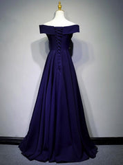Evening Dress Designs, Navy Blue A-line Spandex Long Prom Dress, Off Shoulder Bridesmaid Dress