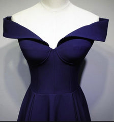 Evening Dress Designer, Navy Blue A-line Spandex Long Prom Dress, Off Shoulder Bridesmaid Dress