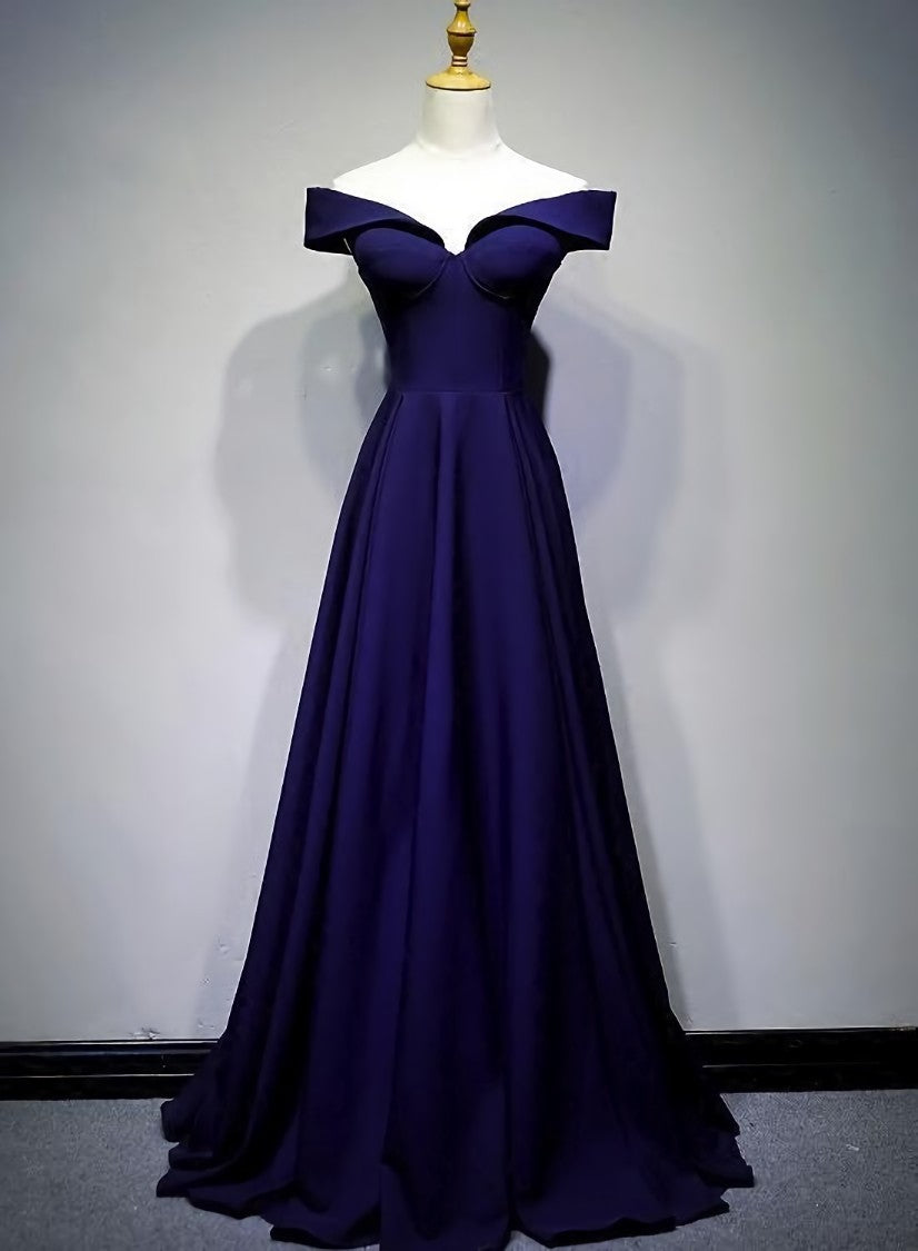 Evening Dress Designers, Navy Blue A-line Spandex Long Prom Dress, Off Shoulder Bridesmaid Dress