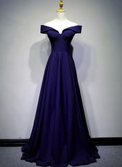 Evening Dress Designers, Navy Blue A-line Spandex Long Prom Dress, Off Shoulder Bridesmaid Dress