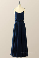 Bridesmaids Dress Under 104, Navy Blue Blouson Bodice Chiffon Long Dress