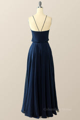 Bridesmaid Dresses Different Color, Navy Blue Blouson Bodice Chiffon Long Dress