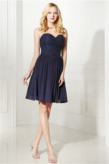 Formal Dresses For Teens, Navy Blue Chiffon Sweetheart Lace Beading Short Homecoming Dresses