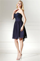 Formal Dresses For Weddings, Navy Blue Chiffon Sweetheart Lace Beading Short Homecoming Dresses