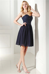Formal Dress Outfits, Navy Blue Chiffon Sweetheart Lace Beading Short Homecoming Dresses