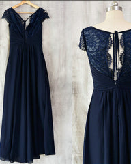 Wedding Dress Elegant Simple, Navy Blue Chiffon with Lace A-line Long Bridesmaid Dress, Wedding Party Dress