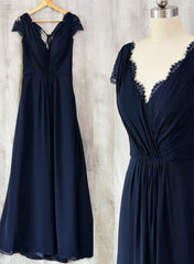 Wedding Dresses Elegant Simple, Navy Blue Chiffon with Lace A-line Long Bridesmaid Dress, Wedding Party Dress