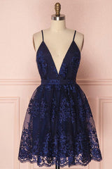 Prom Dresses Blue Lace, Navy Blue Homecoming Dress, Homecoming Dress with Appliques