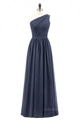 Bridesmaid Dresses On Sale, Navy Blue One Shoulder A-line Chiffon Long Bridesmaid Dress