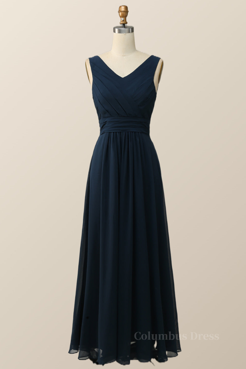 Prom Dress Glitter, Navy Blue Pleated Chiffon A-line Long Bridesmaid Dress