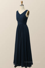 Prom Dress Long With Slit, Navy Blue Pleated Chiffon A-line Long Bridesmaid Dress