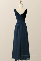 Prom Dresses Long With Slit, Navy Blue Pleated Chiffon A-line Long Bridesmaid Dress